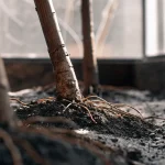 Racines de cannabis visibles dans le sol en serre de culture intérieure