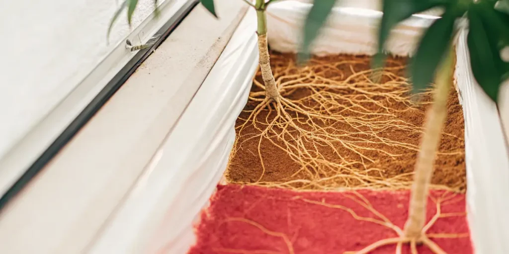 Racines de plante de cannabis visibles dans un substrat en culture contrôlée.