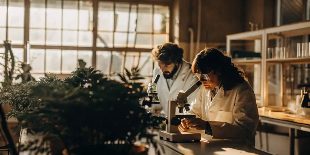 Recherche cannabis laboratoire microscope avec scientifiques étudiant des plantes dans un espace de travail