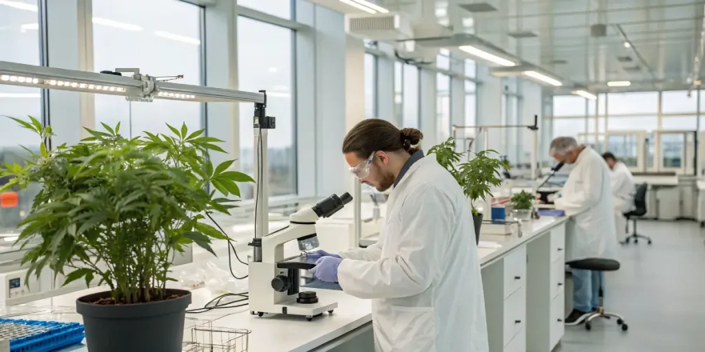 Scientifique analysant une plante de cannabis au microscope dans un laboratoire.