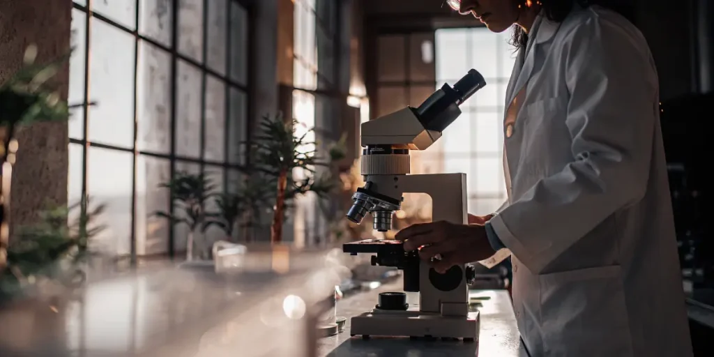 Chercheuse examinant un échantillon de cannabis avec un microscope.