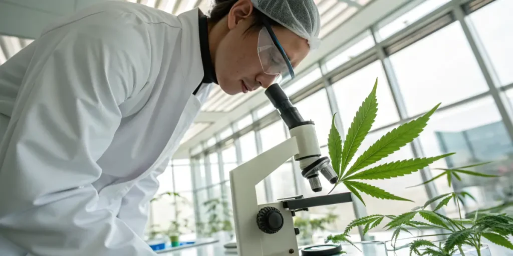 Une scientifique en blouse blanche examine une feuille de cannabis à l’aide d’un microscope dans un laboratoire moderne. Cette analyse permet d’étudier la composition et la santé de la plante dans un environnement contrôlé.