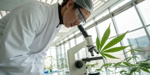 Une scientifique en blouse blanche examine une feuille de cannabis à l’aide d’un microscope dans un laboratoire moderne. Cette analyse permet d’étudier la composition et la santé de la plante dans un environnement contrôlé.