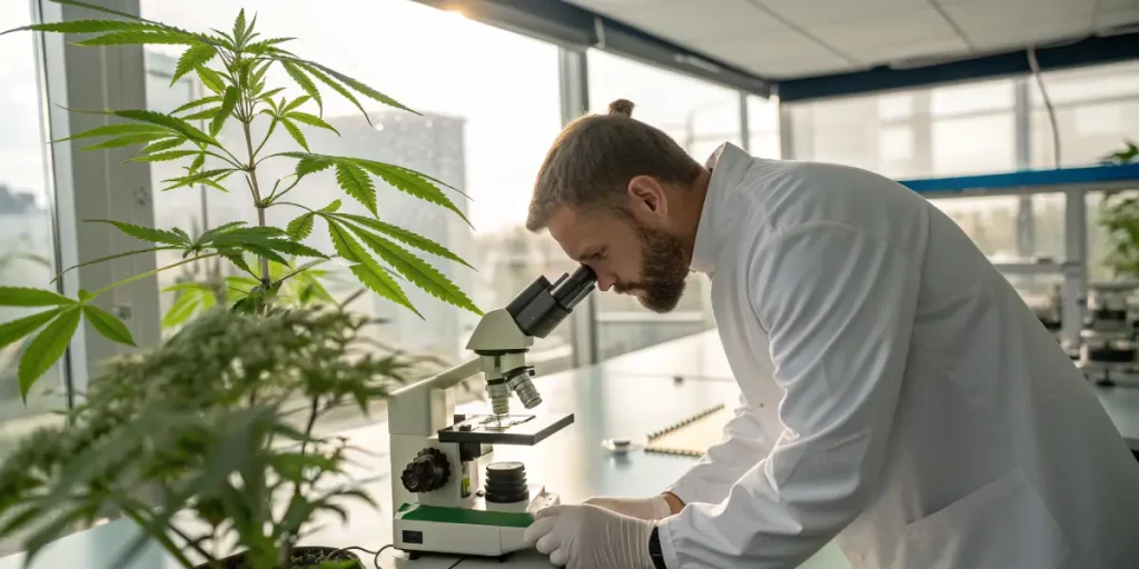 Chercheur étudiant une plante de cannabis au microscope en laboratoire.