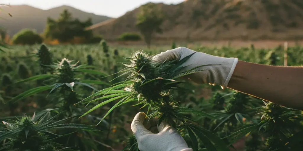 Récolte cannabis extérieur mains avec gants tenant des bourgeons dans un champ ensoleillé avec montagnes