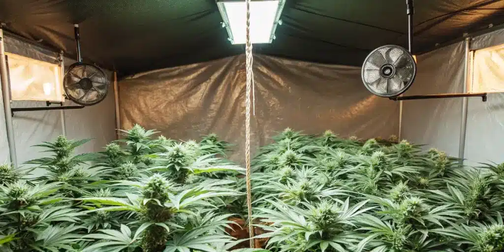 Salle de culture de cannabis en intérieur avec éclairage LED puissant, ventilateurs muraux et plantes en floraison homogène.