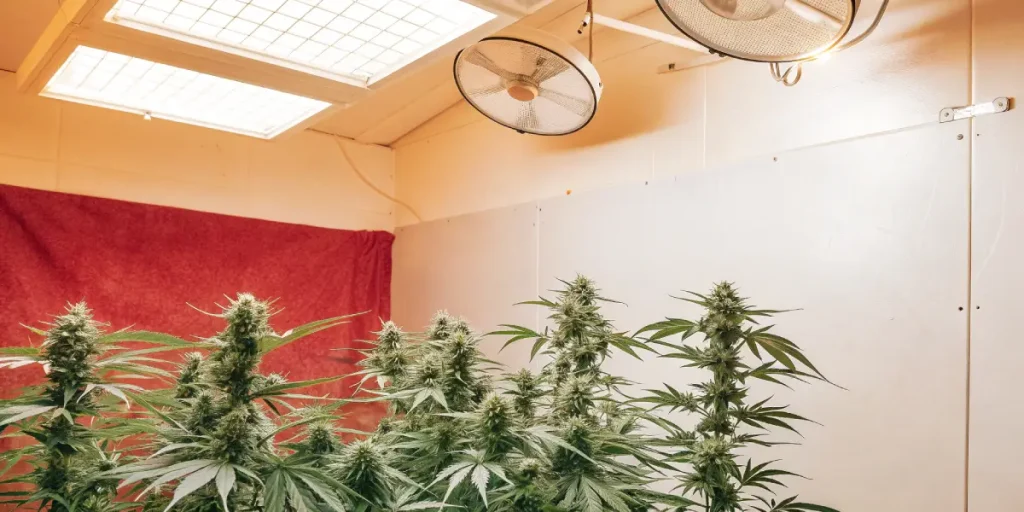 Salle culture cannabis interieur avec lampes plafond et ventilateurs en fonctionnement.