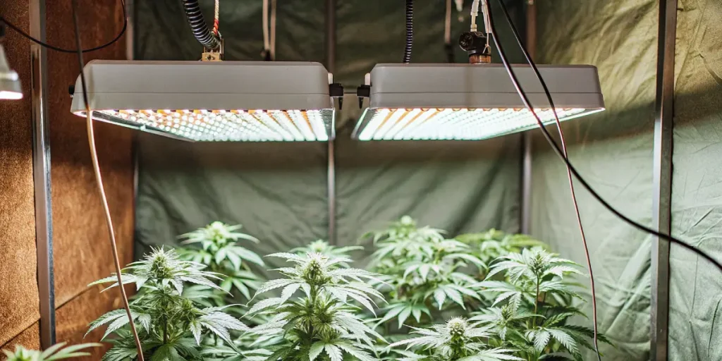 Salle de culture de cannabis avec lampes LED à spectre complet et plantes en pleine floraison