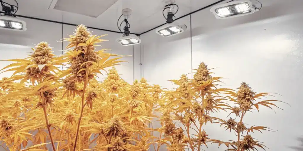 Salle indoor CR strain en floraison avancee sous lampes LED.