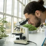 Scientifique observant des plants de cannabis au microscope dans un laboratoire lumineux.