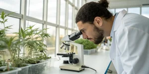 Scientifique observant des plants de cannabis au microscope dans un laboratoire lumineux.