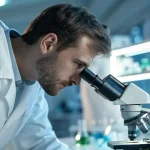 Scientifique utilisant un microscope pour analyser des échantillons en laboratoire.