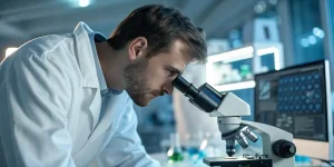 Scientifique utilisant un microscope pour analyser des échantillons en laboratoire.