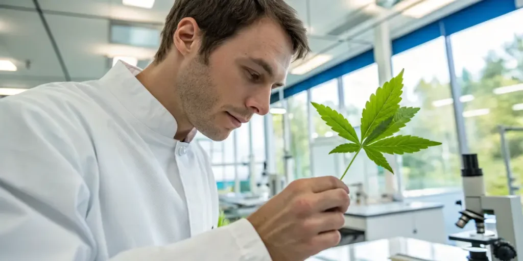 Scientist holding cannabis leaf for detailed analysis in modern laboratory.