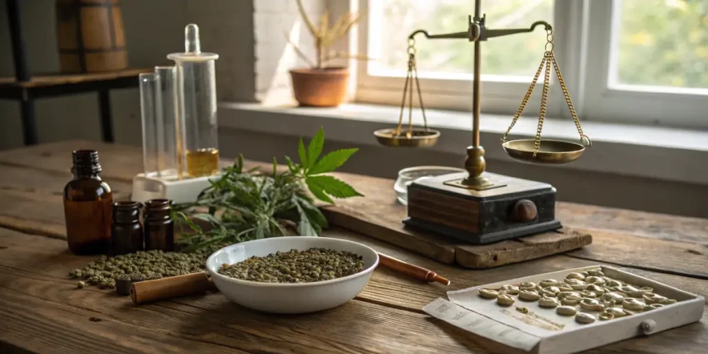 Sélection de graines de cannabis avec balance et matériel de laboratoire sur table en bois.