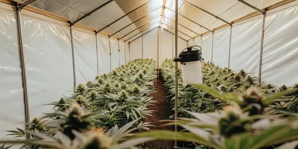 Serre de cannabis avec rangées de plantes en floraison et système de contrôle de l’environnement