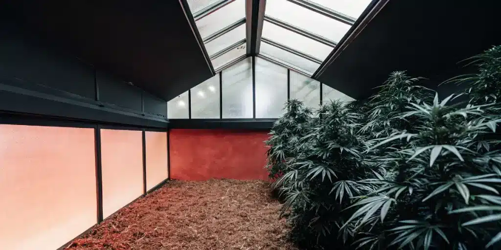 Serre moderne avec culture de cannabis en intérieur sous environnement contrôlé