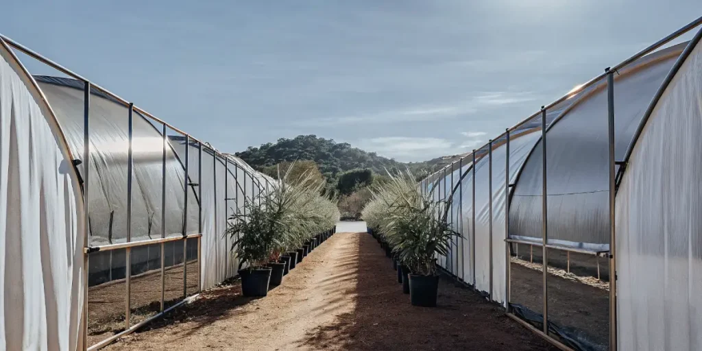 Couloir central entre deux serres de cannabis avec plantes cultivées en pots alignés.