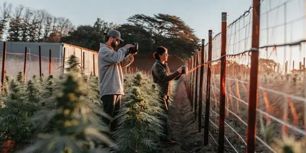 Surveillance culture cannabis extérieur avec deux personnes contrôlant des plantes le long d’une clôture