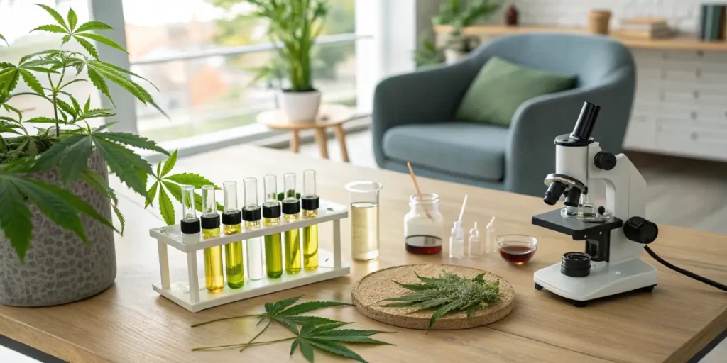 Test cannabis maison avec microscope et échantillons de plante et liquides colorés sur table