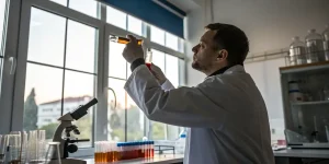 Scientifique photographiant des échantillons en laboratoire de cannabis