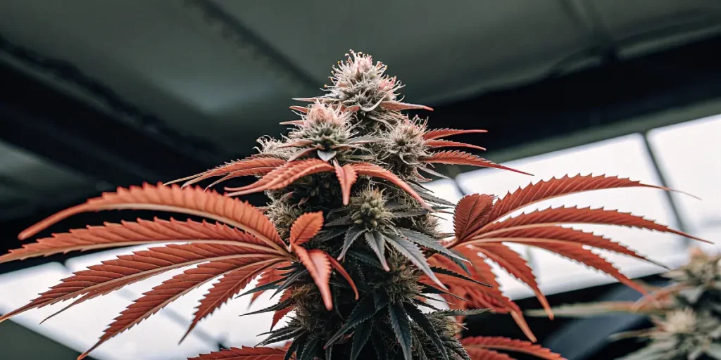 Tête de cannabis en floraison avancée avec feuilles rouges et pistils résineux