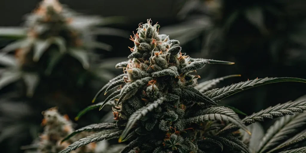 Tête de cannabis en floraison avancée couverte de résine et de trichomes visibles.
