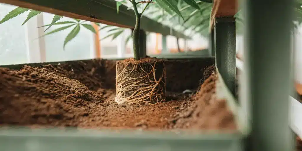 Transplantation d’une plante de cannabis avec racines exposées dans le sol