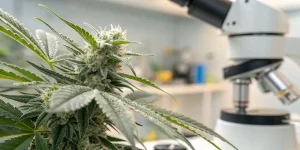 Fleur de cannabis observée en laboratoire avec microscope