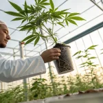 Agronome examinant les racines d’un plant de cannabis en serre pour diagnostiquer un problème de croissance