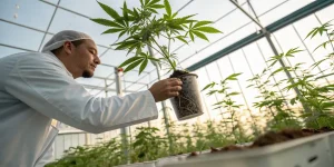 Agronome examinant les racines d’un plant de cannabis en serre pour diagnostiquer un problème de croissance