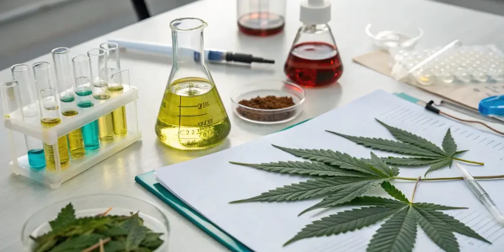 feuilles de cannabis analysées sur une table de laboratoire avec éprouvettes