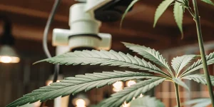 vue macro d’une feuille de cannabis analysée avec un microscope en laboratoire