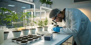 scientifique analysant le sol pour culture de cannabis en laboratoire