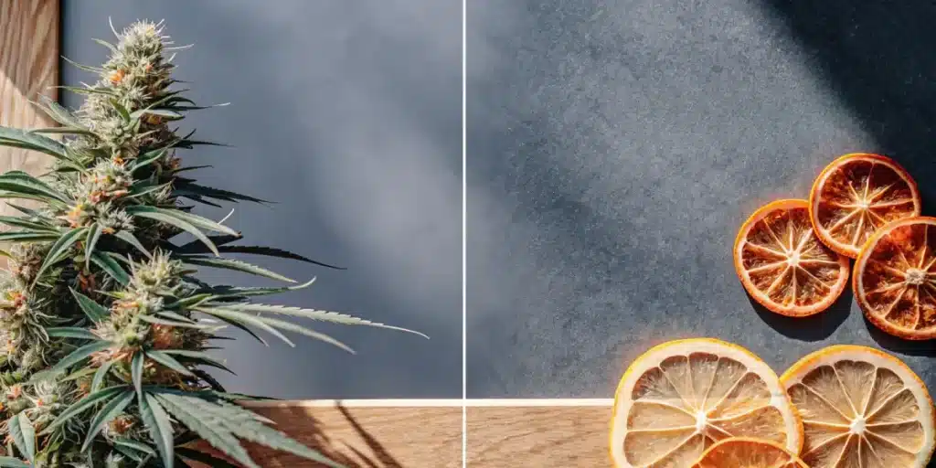Plante de cannabis en floraison associee a des tranches d’agrumes seches.