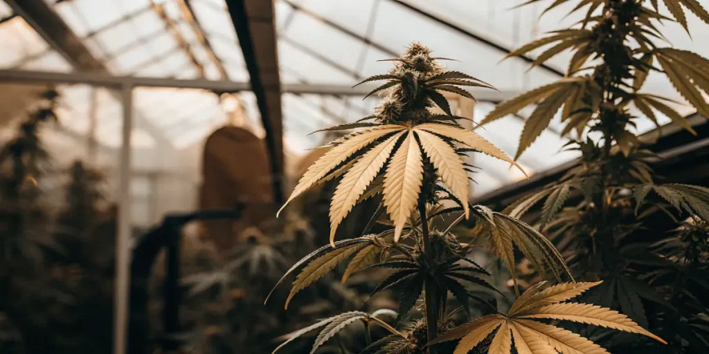 Plante de cannabis en floraison avec feuilles jaunes indiquant une carence