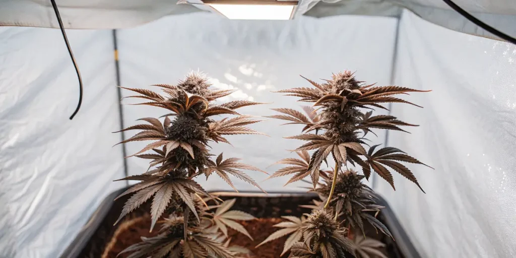 Plants de cannabis aux feuilles violettes en floraison sous lampe.