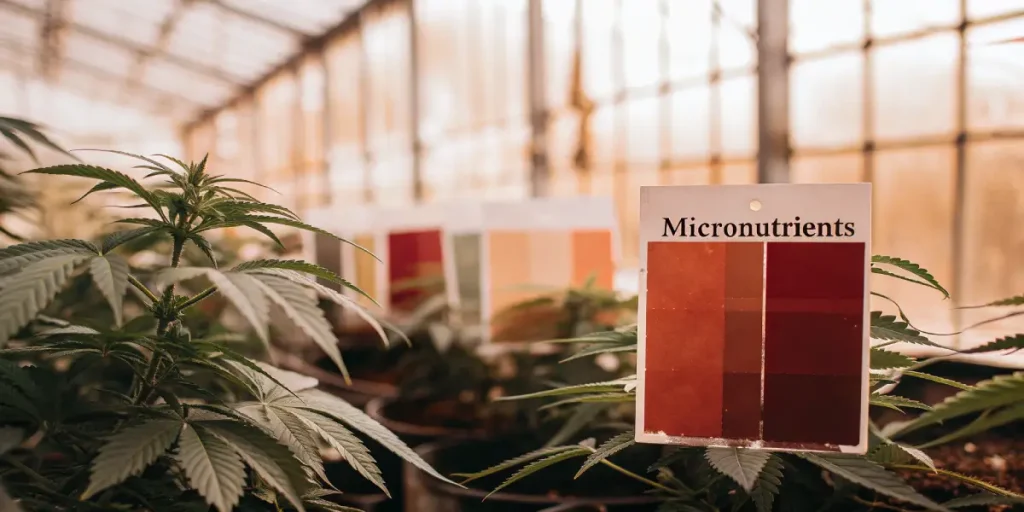 Plantes de cannabis en serre avec test de micronutriments et carte de couleurs