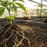 Plante de cannabis avec racines développées visibles dans le sol en serre