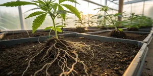 Plante de cannabis avec racines développées visibles dans le sol en serre