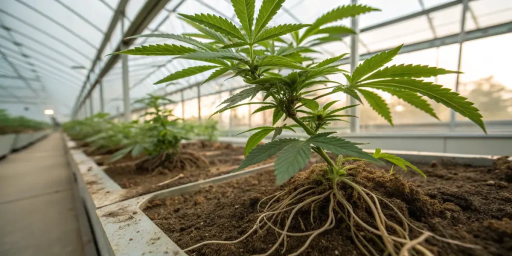 Plante de cannabis avec racines visibles en serre montrant le système racinaire