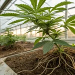 Plante de cannabis avec racines visibles en serre montrant le système racinaire