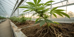 Plante de cannabis avec racines visibles en serre montrant le système racinaire