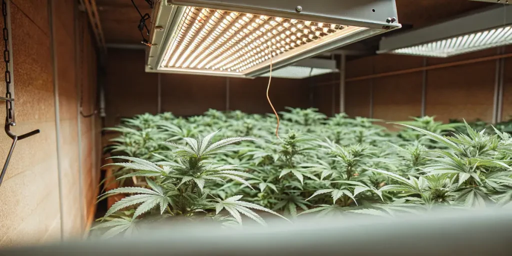 Canopee dense de cannabis sous eclairage LED intensif en interieur.