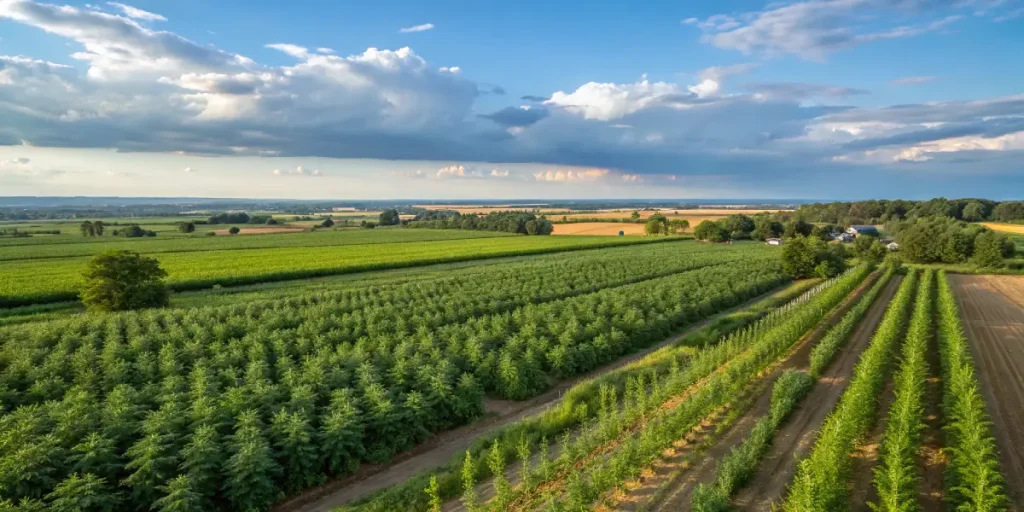 Vue aérienne d’un champ de cannabis en culture extérieure avec rangées alignées