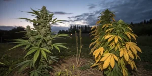 Comparaison de deux plantes de cannabis, l’une saine et l’autre avec feuilles jaunes dues à une carence