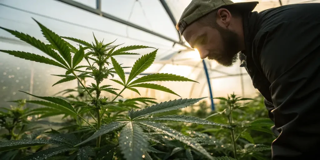 cultivateur contrôlant des feuilles de cannabis avec rosée
