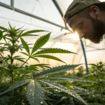 cultivateur contrôlant des feuilles de cannabis avec rosée
