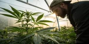 cultivateur contrôlant des feuilles de cannabis avec rosée