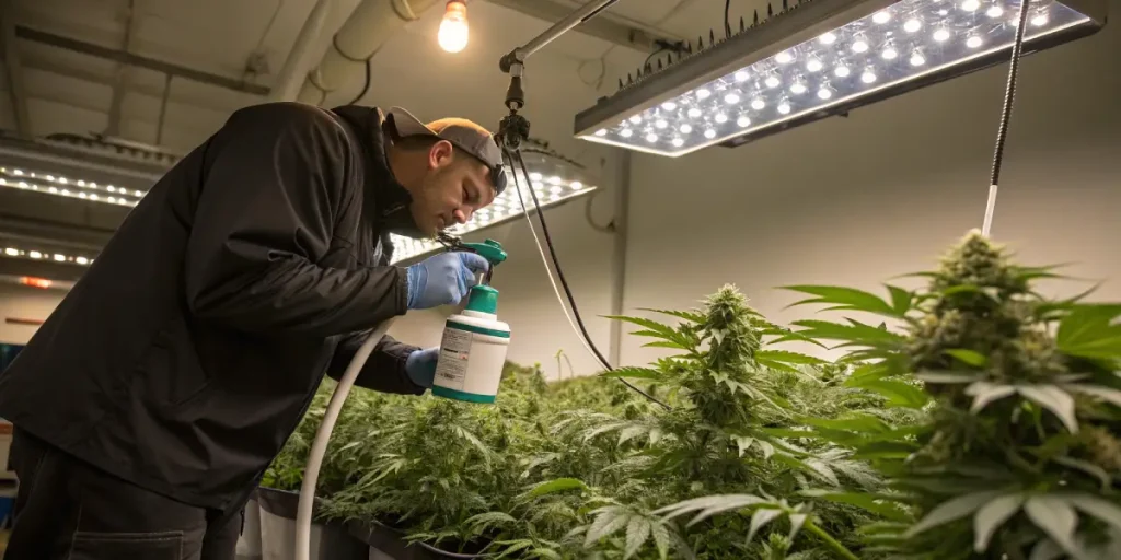Cultivateur ajustant le pH de la solution nutritive sur des plants de cannabis en culture intérieure